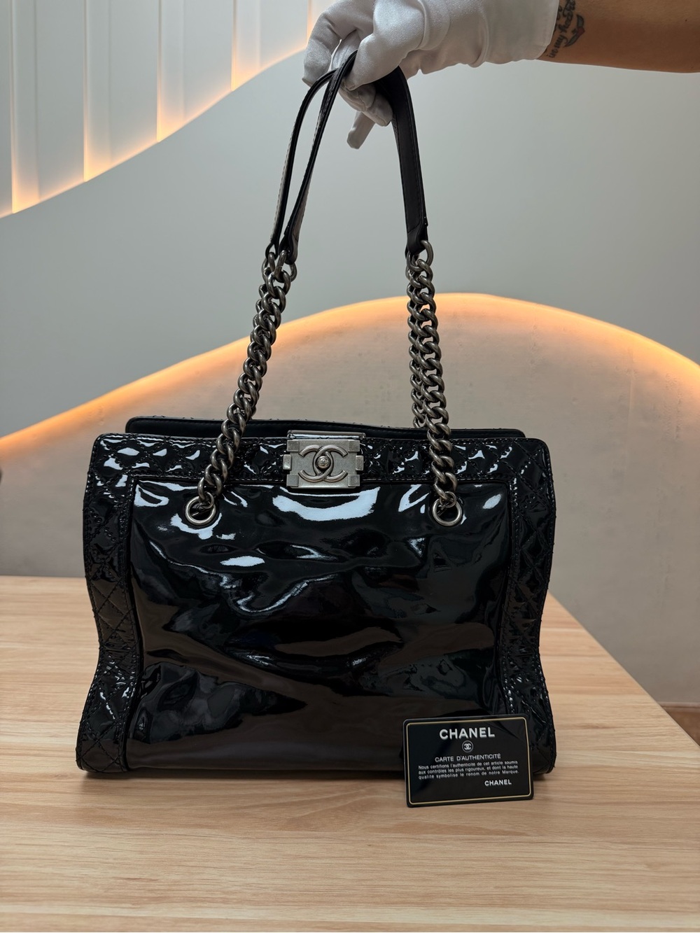 CHANEL Black Patent Leather Shoulder Bag with Chain Straps and CC Turn-Lock